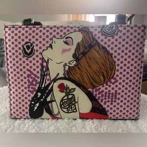 Isabella Fiore Purple Pop Art Shoulder Bag with Red and Brown Accents